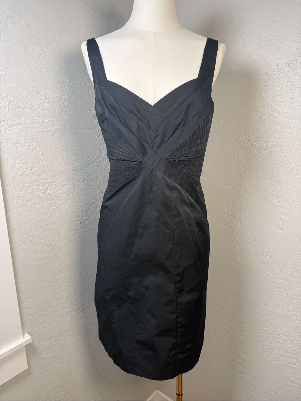 Karen Millen Black Satin Cocktail Dress Pleated Waist Sheath Midi UK 12 US 8